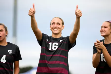 PENSACOLA, FL - October 30, 2022 - Defender Carolyn Calzada #16 of the Texas A&M Aggies during the game between the Mississippi St. Bulldogs and the Texas A&M Aggies at Ashton Brosnaham Soccer Complex in Pensacola, FL. Photo By Ethan Mito/Texas A&M Athletics