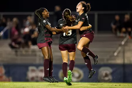 PENSACOLA, FL - October 30, 2022 - Forward MaKhiya McDonald #5 of the Texas A&M Aggies, Defender Mia Pante #13 of the Texas A&M Aggies and Forward Maile Hayes #8 of the Texas A&M Aggies during the game between the Mississippi St. Bulldogs and the Texas A&M Aggies at Ashton Brosnaham Soccer Complex in Pensacola, FL. Photo By Ethan Mito/Texas A&M Athletics