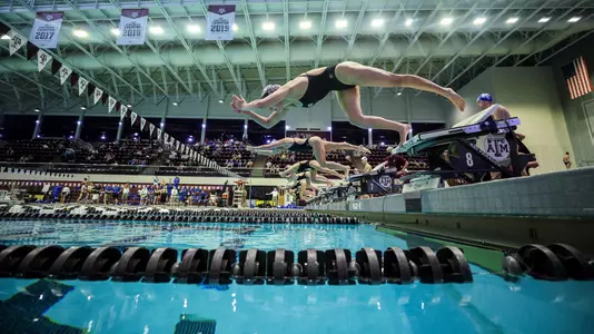 women's swimming jumping into the pool to race