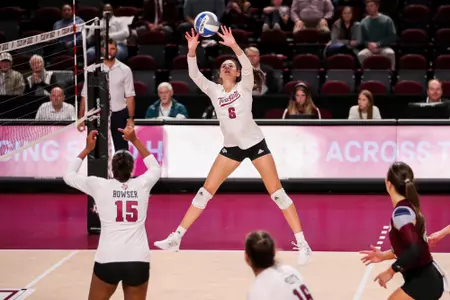 COLLEGE STATION, TX - November 16, 2022 - Setter Elena Karakasi #6 of the Texas A&M Aggies during the game between the Tigers and the Texas A&M Aggies at Reed Arena in College Station, TX. Photo By Rachel Mahan/Texas A&M Athletics