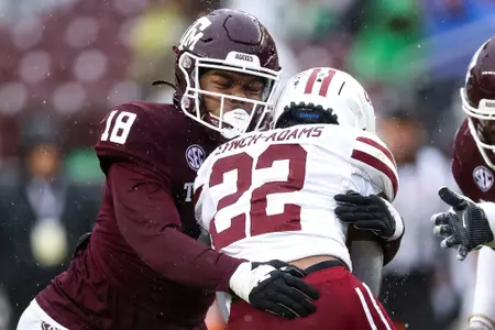 COLLEGE STATION, TX - November 19, 2022 - Defensive lineman Lebbeus Overton #18 of the Texas A&M Aggies during the game between the UMass Minutemen and the Texas A&M Aggies at Kyle Field in College Station, TX. Photo By Aiden Shertzer/Texas A&M Athletics