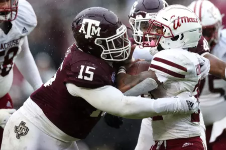 COLLEGE STATION, TX - November 19, 2022 - Defensive lineman Albert Regis #15 of the Texas A&M Aggies during the game between the UMass Minutemen and the Texas A&M Aggies at Kyle Field in College Station, TX. Photo By Aiden Shertzer/Texas A&M Athletics