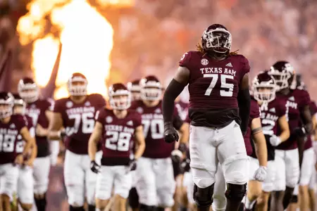 COLLEGE STATION, TX - September 17, 2022 - Offensive lineman Kam Dewberry #75 of the Texas A&M Aggies during the Football game between the Miami Hurricanes and the Texas A&M Aggies at Kyle Field in College Station, TX. Photo By Rachel Mahan/Texas A&M Athletics