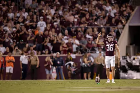 COLLEGE STATION, TX - September 17, 2022 - Place kicker Caden Davis #36 of the Texas A&M Aggies during the game between the Miami Hurricanes and the Texas A&M Aggies at Kyle Field in College Station, TX. Photo By Sydney Morriss/Texas A&M Athletics