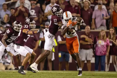 COLLEGE STATION, TX - September 17, 2022 - Defensive back Jaylon Jones #17 of the Texas A&M Aggies during the game between the Miami Hurricanes and the Texas A&M Aggies at Kyle Field in College Station, TX. Photo By Evan Pilat/Texas A&M Athletics