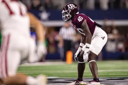 ARLINGTON, TX - September 24, 2022 - Linebacker Martrell Harris Jr. #40 of the Texas A&M Aggies during the Football game between the Arkansas Razorbacks and the Texas A&M Aggies at AT&T Stadium in Arlington, TX. Photo By Craig Bisacre/Texas A&M Athletics