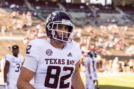 STARKVILLE, MS - October 01, 2022 - Tight end Fernando Garza #82 of the Texas A&M Aggies during the Football game between the Mississippi St. Bulldogs and the Texas A&M Aggies at Davis Wade Stadium in Starkville, MS. Photo By Craig Bisacre