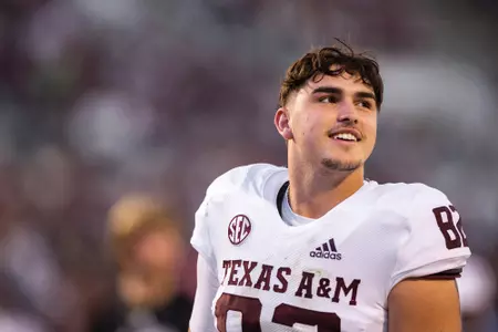 STARKVILLE, MS - October 01, 2022 - Tight end Fernando Garza #82 of the Texas A&M Aggies during the Football game between the Mississippi St. Bulldogs and the Texas A&M Aggies at Davis Wade Stadium in Starkville, MS. Photo By Craig Bisacre
