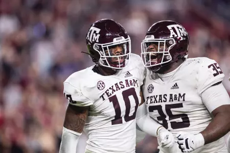 COLUMBIA, SC - October 22, 2022 - Defensive lineman Fadil Diggs #10 of the Texas A&M Aggies and Defensive lineman McKinnley Jackson #35 of the Texas A&M Aggies during the Football game between the South Carolina Gamecocks and the Texas A&M Aggies at Williams-Brice Stadium in Columbia, SC. Photo By Craig Bisacre