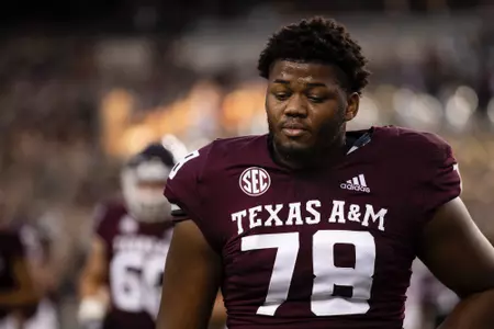 COLLEGE STATION, TX - October 29, 2022 - Offensive lineman Dametrious Crownover #89 of the Texas A&M Aggies during the game between the Ole Miss Rebels and the Texas A&M Aggies at Kyle Field in College Station, TX. Photo By Hayden Carroll/Texas A&M Athletics