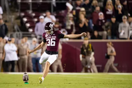 COLLEGE STATION, TX - October 29, 2022 - Place kicker Caden Davis #36 of the Texas A&M Aggies during the Football game between the Ole Miss Rebels and the Texas A&M Aggies at Kyle Field in College Station, TX. Photo By Aiden Shertzer/Texas A&M Athletics