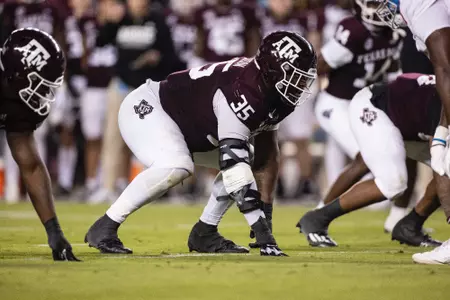 COLLEGE STATION, TX - October 29, 2022 - Defensive lineman McKinnley Jackson #35 of the Texas A&M Aggies during the Football game between the Ole Miss Rebels and the Texas A&M Aggies at Kyle Field in College Station, TX. Photo By Craig Bisacre/Texas A&M Athletics