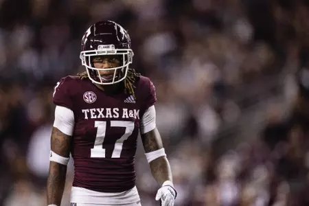 COLLEGE STATION, TX - October 29, 2022 - Defensive back Jaylon Jones #17 of the Texas A&M Aggies during the Football game between the Ole Miss Rebels and the Texas A&M Aggies at Kyle Field in College Station, TX. Photo By Craig Bisacre/Texas A&M Athletics