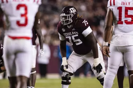 COLLEGE STATION, TX - October 29, 2022 - Offensive lineman Kam Dewberry #75 of the Texas A&M Aggies during the Football game between the Ole Miss Rebels and the Texas A&M Aggies at Kyle Field in College Station, TX. Photo By Craig Bisacre/Texas A&M Athletics