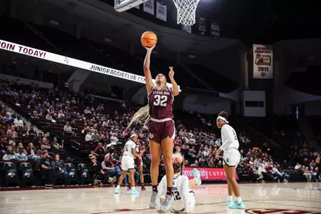 COLLEGE STATION, TX - November 27, 2022 - Forward Aaliyah Patty #32 of the Texas A&M Aggies during the Women's Basketball game between the Rice Owls and the Texas A&M Aggies at Reed Arena in College Station, TX. Photo By Craig Bisacre/Texas A&M Athletics/Texas A&M Athletics