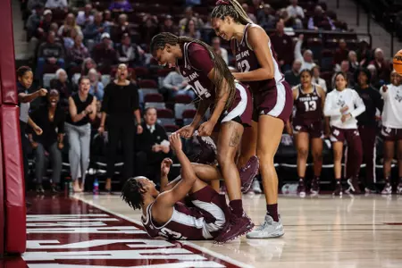 COLLEGE STATION, TX - November 27, 2022 - Guard McKinzie Green #23 of the Texas A&M Aggies, Guard Sahara Jones #24 of the Texas A&M Aggies and Forward Aaliyah Patty #32 of the Texas A&M Aggies during the Women's Basketball game between the Rice Owls and the Texas A&M Aggies at Reed Arena in College Station, TX. Photo By Craig Bisacre/Texas A&M Athletics/Texas A&M Athletics