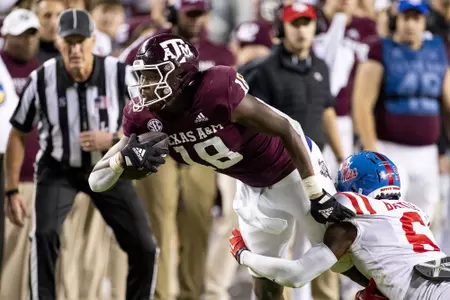 COLLEGE STATION, TX - October 29, 2022 - Tight end Donovan Green #18 of the Texas A&M Aggies during the Football game between the Ole Miss Rebels and the Texas A&M Aggies at Kyle Field in College Station, TX. Photo By Aiden Shertzer/Texas A&M Athletics