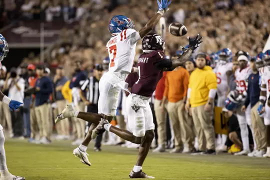 COLLEGE STATION, TX - October 29, 2022 - Wide receiver Evan Stewart #1 of the Texas A&M Aggies during the game between the Rebels and the Texas A&M Aggies at Kyle Field in College Station, TX. Photo By Rachel Mahan/Texas A&M Athletics