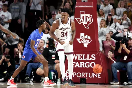 COLLEGE STATION, TX - November 30, 2022 - Forward Julius Marble #34 of the Texas A&M Aggies during the Men's Basketball game between the SMU Mustangs and the Texas A&M Aggies at Reed Arena in College Station, TX. Photo By Craig Bisacre/Texas A&M Athletics