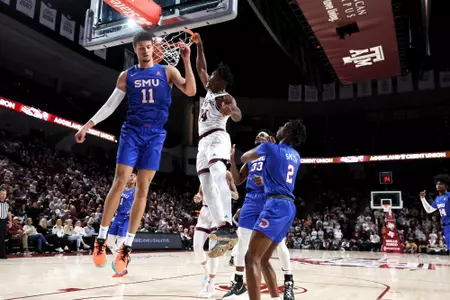 COLLEGE STATION, TX - November 30, 2022 - Forward Julius Marble #34 of the Texas A&M Aggies during the Men's Basketball game between the SMU Mustangs and the Texas A&M Aggies at Reed Arena in College Station, TX. Photo By Evan Pilat/Texas A&M Athletics
