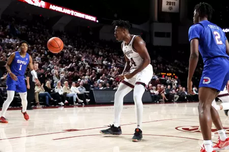 COLLEGE STATION, TX - November 30, 2022 - Forward Julius Marble #34 of the Texas A&M Aggies during the Men's Basketball game between the SMU Mustangs and the Texas A&M Aggies at Reed Arena in College Station, TX. Photo By Evan Pilat/Texas A&M Athletics
