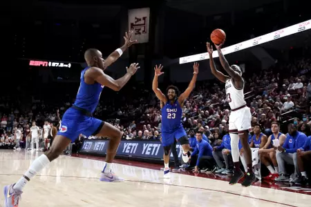 COLLEGE STATION, TX - November 30, 2022 - Guard Tyrece Radford #23 of the Texas A&M Aggies during the Men's Basketball game between the SMU Mustangs and the Texas A&M Aggies at Reed Arena in College Station, TX. Photo By Evan Pilat/Texas A&M Athletics