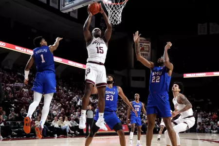 COLLEGE STATION, TX - November 30, 2022 - Forward Henry Coleman III #15 of the Texas A&M Aggies during the Men's Basketball game between the SMU Mustangs and the Texas A&M Aggies at Reed Arena in College Station, TX. Photo By Evan Pilat/Texas A&M Athletics