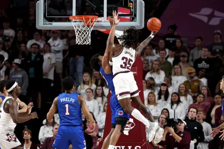 COLLEGE STATION, TX - November 30, 2022 - Guard Manny Obaseki #35 of the Texas A&M Aggies during the Men's Basketball game between the SMU Mustangs and the Texas A&M Aggies at Reed Arena in College Station, TX. Photo By Craig Bisacre/Texas A&M Athletics