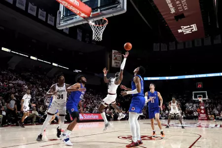 COLLEGE STATION, TX - November 30, 2022 - Guard Manny Obaseki #35 of the Texas A&M Aggies during the Men's Basketball game between the SMU Mustangs and the Texas A&M Aggies at Reed Arena in College Station, TX. Photo By Evan Pilat/Texas A&M Athletics