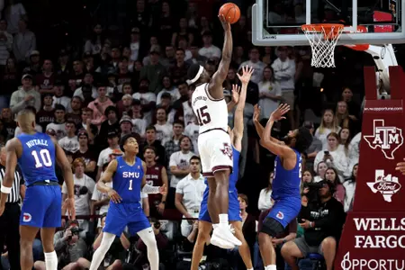 COLLEGE STATION, TX - November 30, 2022 - Forward Henry Coleman III #15 of the Texas A&M Aggies during the Men's Basketball game between the SMU Mustangs and the Texas A&M Aggies at Reed Arena in College Station, TX. Photo By Brendall O'Bannon/Texas A&M Athletics