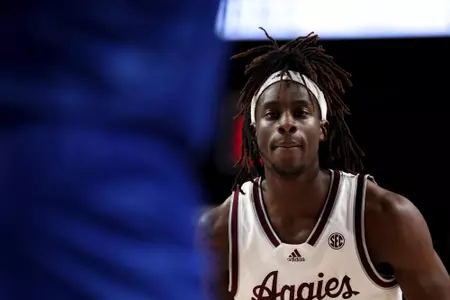 COLLEGE STATION, TX - November 30, 2022 - Guard Manny Obaseki #35 of the Texas A&M Aggies during the Men's Basketball game between the SMU Mustangs and the Texas A&M Aggies at Reed Arena in College Station, TX. Photo By Evan Pilat/Texas A&M Athletics