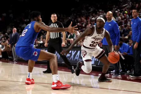 COLLEGE STATION, TX - November 30, 2022 - Guard Tyrece Radford #23 of the Texas A&M Aggies during the Men's Basketball game between the SMU Mustangs and the Texas A&M Aggies at Reed Arena in College Station, TX. Photo By Evan Pilat/Texas A&M Athletics