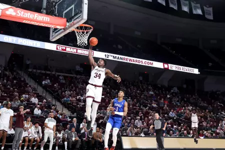 COLLEGE STATION, TX - November 30, 2022 - Forward Julius Marble #34 of the Texas A&M Aggies during the Men's Basketball game between the SMU Mustangs and the Texas A&M Aggies at Reed Arena in College Station, TX. Photo By Craig Bisacre/Texas A&M Athletics