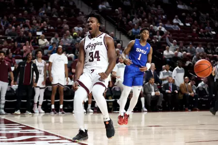 COLLEGE STATION, TX - November 30, 2022 - Forward Julius Marble #34 of the Texas A&M Aggies during the Men's Basketball game between the SMU Mustangs and the Texas A&M Aggies at Reed Arena in College Station, TX. Photo By Craig Bisacre/Texas A&M Athletics