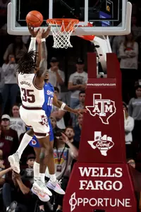 COLLEGE STATION, TX - November 30, 2022 - Guard Manny Obaseki #35 of the Texas A&M Aggies during the Men's Basketball game between the SMU Mustangs and the Texas A&M Aggies at Reed Arena in College Station, TX. Photo By Evan Pilat/Texas A&M Athletics