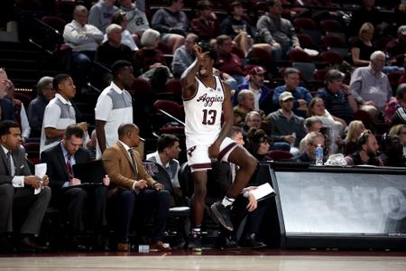 COLLEGE STATION, TX - November 30, 2022 - Forward Solomon Washington #13 of the Texas A&M Aggies during the Men's Basketball game between the SMU Mustangs and the Texas A&M Aggies at Reed Arena in College Station, TX. Photo By Craig Bisacre/Texas A&M Athletics

