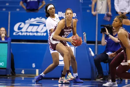 LAWRENCE, KS - November 30, 2022 - Forward Aaliyah Patty #32 of the Texas A&M Aggies during the game between the Kansas Jayhawks and the Texas A&M Aggies at Allen Fieldhouse in Lawrence, KS. Photo By Ethan Mito/Texas A&M Athletics