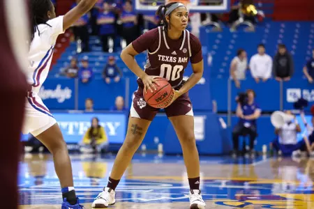 LAWRENCE, KS - November 30, 2022 - Guard Sydney Bowles #00 of the Texas A&M Aggies during the game between the Kansas Jayhawks and the Texas A&M Aggies at Allen Fieldhouse in Lawrence, KS. Photo By Ethan Mito/Texas A&M Athletics