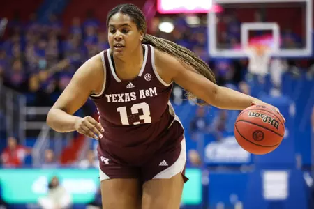 LAWRENCE, KS - November 30, 2022 - Forward Jada Malone #13 of the Texas A&M Aggies during the game between the Kansas Jayhawks and the Texas A&M Aggies at Allen Fieldhouse in Lawrence, KS. Photo By Ethan Mito/Texas A&M Athletics