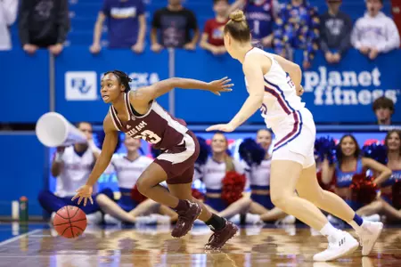LAWRENCE, KS - November 30, 2022 - Guard McKinzie Green #23 of the Texas A&M Aggies during the game between the Kansas Jayhawks and the Texas A&M Aggies at Allen Fieldhouse in Lawrence, KS. Photo By Ethan Mito/Texas A&M Athletics