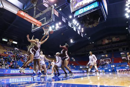 LAWRENCE, KS - November 30, 2022 - Forward Aaliyah Patty #32 of the Texas A&M Aggies during the game between the Kansas Jayhawks and the Texas A&M Aggies at Allen Fieldhouse in Lawrence, KS. Photo By Ethan Mito/Texas A&M Athletics