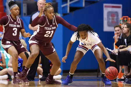 LAWRENCE, KS - November 30, 2022 - Guard Eriny Kindred #21 of the Texas A&M Aggies during the game between the Kansas Jayhawks and the Texas A&M Aggies at Allen Fieldhouse in Lawrence, KS. Photo By Ethan Mito/Texas A&M Athletics