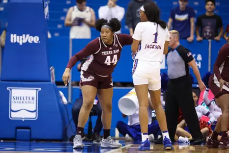 LAWRENCE, KS - November 30, 2022 - Center Sydnee Roby #44 of the Texas A&M Aggies during the game between the Kansas Jayhawks and the Texas A&M Aggies at Allen Fieldhouse in Lawrence, KS. Photo By Ethan Mito/Texas A&M Athletics