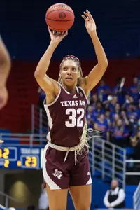LAWRENCE, KS - November 30, 2022 - Forward Aaliyah Patty #32 of the Texas A&M Aggies during the game between the Kansas Jayhawks and the Texas A&M Aggies at Allen Fieldhouse in Lawrence, KS. Photo By Ethan Mito/Texas A&M Athletics