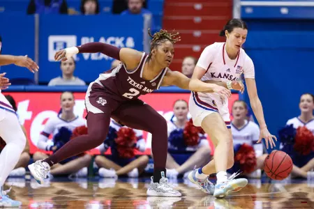 LAWRENCE, KS - November 30, 2022 - Forward Janiah Barker #2 of the Texas A&M Aggies during the game between the Kansas Jayhawks and the Texas A&M Aggies at Allen Fieldhouse in Lawrence, KS. Photo By Ethan Mito/Texas A&M Athletics