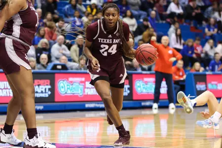 LAWRENCE, KS - November 30, 2022 - Guard Sahara Jones #24 of the Texas A&M Aggies during the game between the Kansas Jayhawks and the Texas A&M Aggies at Allen Fieldhouse in Lawrence, KS. Photo By Ethan Mito/Texas A&M Athletics