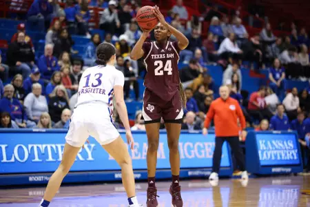 LAWRENCE, KS - November 30, 2022 - Guard Sahara Jones #24 of the Texas A&M Aggies during the game between the Kansas Jayhawks and the Texas A&M Aggies at Allen Fieldhouse in Lawrence, KS. Photo By Ethan Mito/Texas A&M Athletics