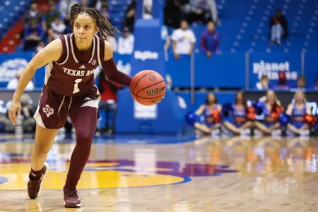 LAWRENCE, KS - November 30, 2022 - Guard Mya Petticord #1 of the Texas A&M Aggies during the game between the Kansas Jayhawks and the Texas A&M Aggies at Allen Fieldhouse in Lawrence, KS. Photo By Ethan Mito/Texas A&M Athletics