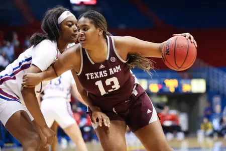 LAWRENCE, KS - November 30, 2022 - Forward Jada Malone #13 of the Texas A&M Aggies during the game between the Kansas Jayhawks and the Texas A&M Aggies at Allen Fieldhouse in Lawrence, KS. Photo By Ethan Mito/Texas A&M Athletics