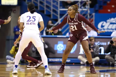 LAWRENCE, KS - November 30, 2022 - Guard Eriny Kindred #21 of the Texas A&M Aggies during the game between the Kansas Jayhawks and the Texas A&M Aggies at Allen Fieldhouse in Lawrence, KS. Photo By Ethan Mito/Texas A&M Athletics